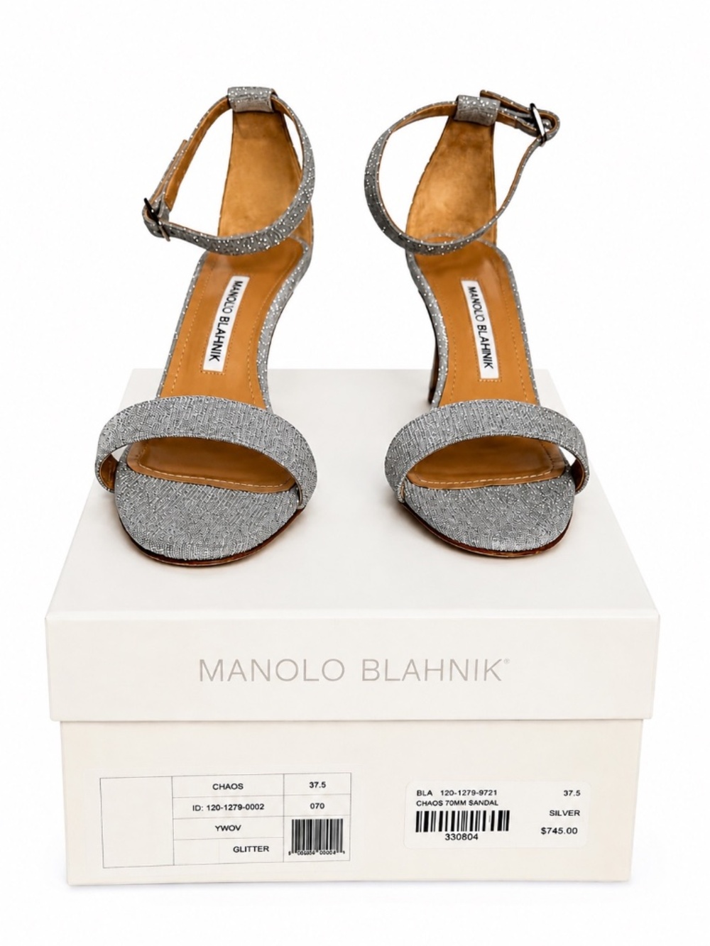 Manolo Blahnik Chaos 70 Silver Glitter Sandals – Size 37.5